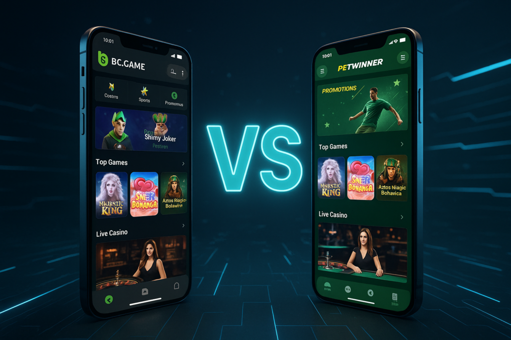 BC.Game ve Betwinner mobil uygulamalarının karşılaştırıldığı bir görsel.