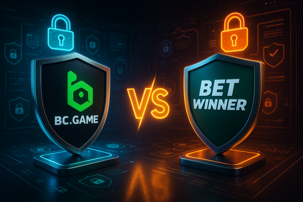 BC.Game ve Betwinner platformlarının güvenlik karşılaştırmasını simgeleyen iki kalkan.